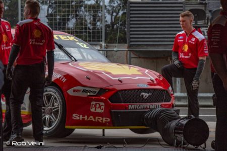 Fabian Coulthard's Mustang up on the air jacks in pit lane